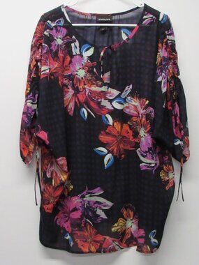 Lane Bryant Sheer Purple Floral Checkered Tie Sleeve Popover Top Shirt sz 18/20